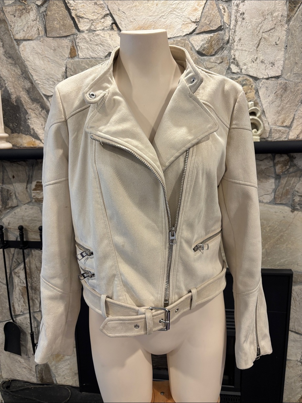 Zara Cream Asymmetrical Faux Suede Leather Moto Jacket